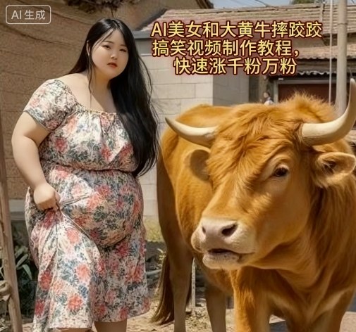 AI美女和大黄牛摔跤搞笑荒诞视频制作教程,快速涨千粉万粉_天恒副业网