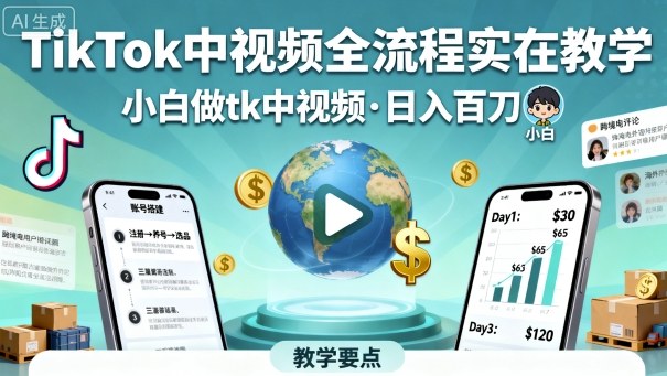 TikTok中视频全流程实操教学,小白做tk中视频,日入百刀_天恒副业网