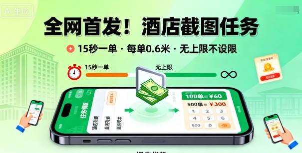 全网首发!酒店截图任务,15秒一单,每单0.6米,任务无上限不设限,矩阵操作单日3张到手_天恒副业网