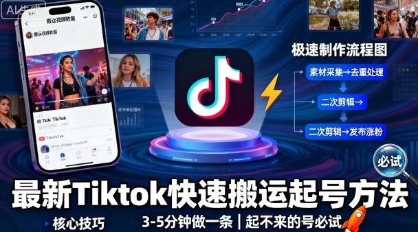 最新Tiktok快速搬运快速起号方法，3-5分钟做一条，起不来的号可以试试_天恒副业网