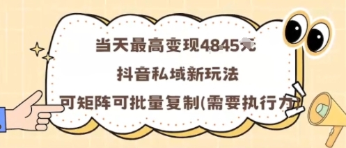 当天最高变现1k+,抖音私域新玩法,可矩阵可批量复制_天恒副业网
