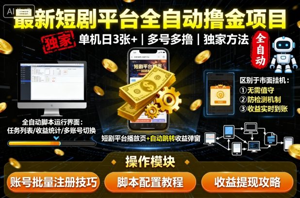 最新短剧平台全自动挂G撸金项目，单机一天3张+，多号多撸，区别于市面所有挂机项目，独家方法_天恒副业网