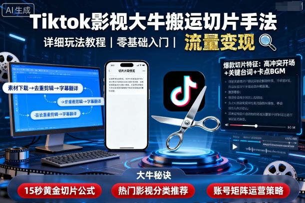 Tiktok影视大牛搬运切片手法，详细玩法教程_天恒副业网