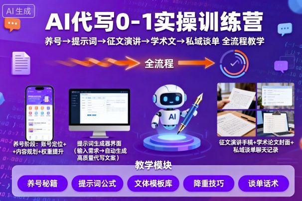 AI代写0-1实操训练营，从养号、提示词、征文演讲、学术文，到私域谈单的全流程教学_天恒副业网