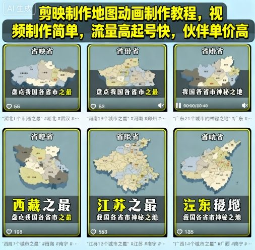 剪映制作地图动画制作教程，视频制作简单，流量高起号快，伙伴单价高_天恒副业网