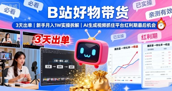 B站好物带货,3天出单,新手月入1W实操拆解,AI生成视频,抓住平台红利期最后机会_天恒副业网