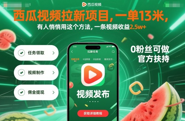 西瓜视频拉新项目,一单13米,有人悄悄用这个方法,一条视频收益2.5w+(附详细教程)_天恒副业网