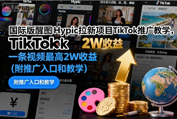 国际版醒图Hypic拉新项目TikTok推广教学,一条视频最高2W收益(附推广入口和教学)_天恒副业网