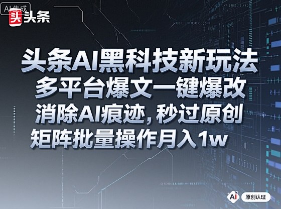 头条AI黑科技新玩法，多平台爆文一键爆改，消除AI痕迹，秒过原创，矩阵批量操作月入1w+_天恒副业网
