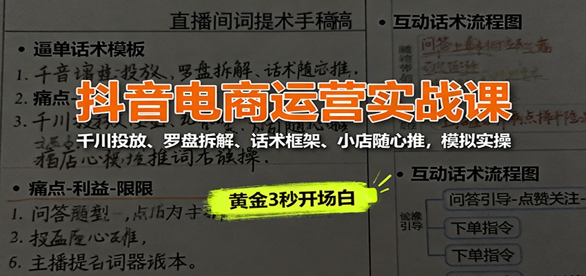 抖音电商运营实战课:千川投放、罗盘拆解、话术框架、小店随心推,模拟实操_天恒副业网