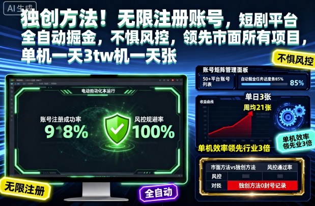 独创方法!无限注册账号,短剧平台全自动掘金,不惧风控,领先市面所有项目,单机一天3张_天恒副业网