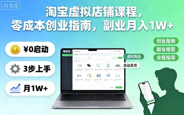 淘宝虚拟店铺课程,零成本创业指南,副业月入1W+_天恒副业网