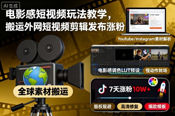 电影感短视频玩法教学,搬运外网短视频剪辑发布涨粉_天恒副业网