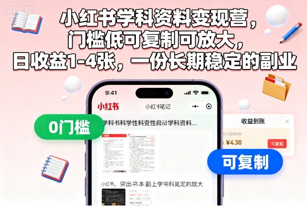 小红书学科资料变现营，门槛低可复制可放大，日收益1-4张，一份长期稳定的副业_天恒副业网