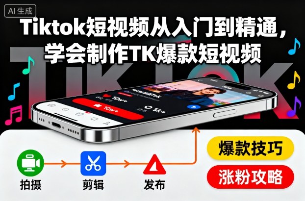 Tiktok短视频从入门到精通,学会制作TK爆款短视频_天恒副业网