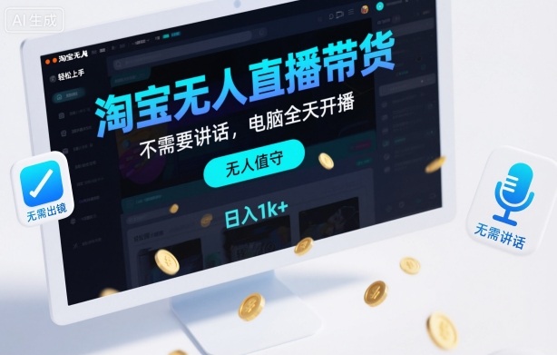 淘宝无人直播带货，不需要出镜，不需要讲话，电脑全天开播，轻松上手，日入1k+_天恒副业网
