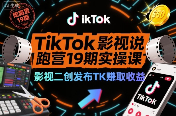 TikTok影视解说陪跑营19期实操课,影视二创发布TK賺取收益,万播收益50美金_天恒副业网