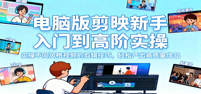 电脑版剪映新手入门到高阶实操，实操不同风格视频的剪辑技巧，轻松产出高质量作品_天恒副业网
