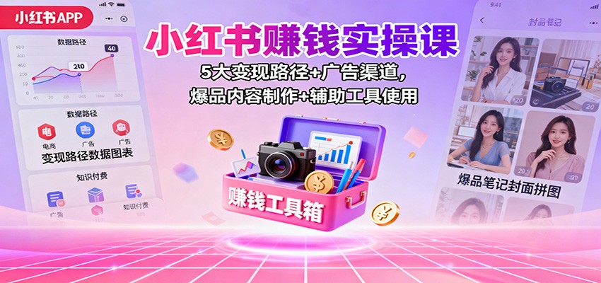 小红书赚钱实操课：5大变现路径+广告渠道，爆品内容制作+辅助工具使用_天恒副业网