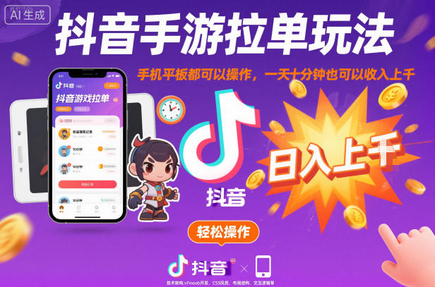 抖音手游拉单玩法，手机平板都可以操作，一天十分钟也可以收入上K_天恒副业网