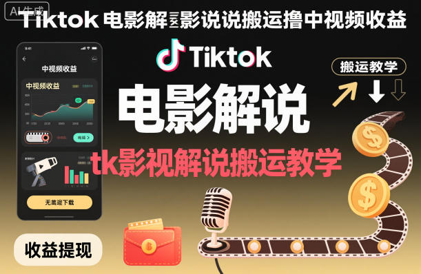 Tiktok电影解说搬运撸中视频收益，tk影视解说搬运教学_天恒副业网