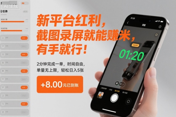 新平台红利,截图录屏就能賺米,有手就行!2分钟完成一单,时间自由,单量无上限,轻松日入5张_天恒副业网