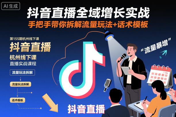 抖音直播全域增长实战第155期杭州线下课，手把手带你拆解流量玩法+话术模板_天恒副业网