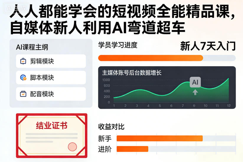人人都能学会的短视频全能精品课,自媒体新人利用AI弯道超车_天恒副业网