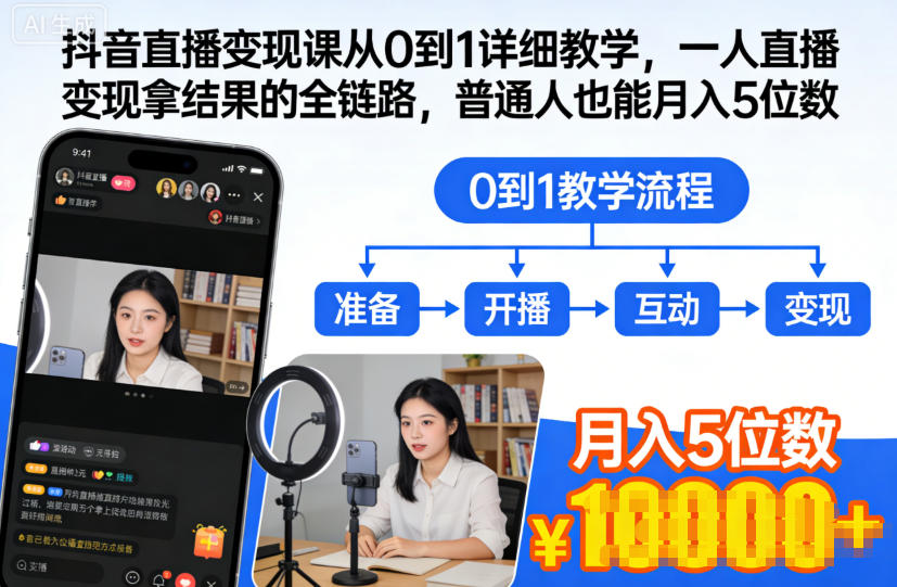 抖音直播变现课从0到1详细教学,一人直播变现拿结果的全链路,普通人也能月入5位数_天恒副业网