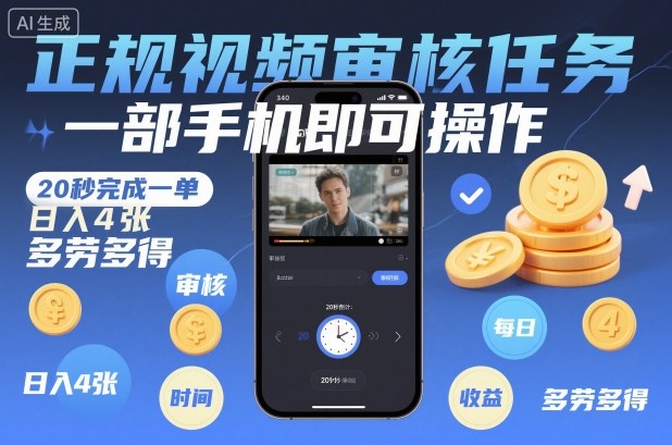 正规视频审核任务,一部手机即可操作,20秒完成一单,日入4张,多劳多得_天恒副业网