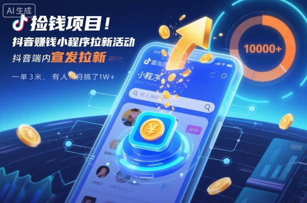 捡钱项目!抖音賺钱小程序拉新活动,抖音端内宣发拉新,一单3米,有人半个月搞了1W+_天恒副业网