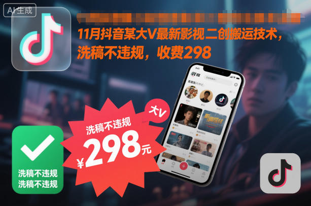 11月抖音某大V最新影视二创搬运技术,洗稿不违规,收费298_天恒副业网
