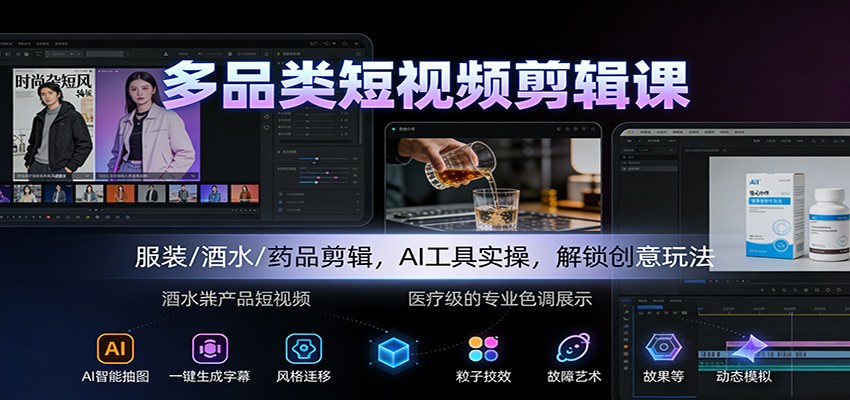 多品类短视频剪辑课:服装/酒水/药品剪辑,AI工具实操,解锁创意玩法_天恒副业网