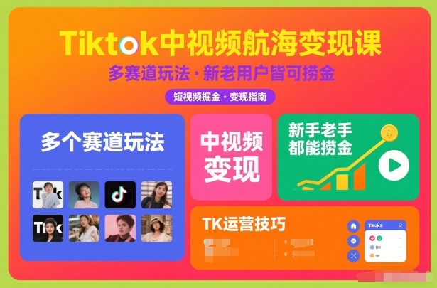 Tiktok中视频航海变现课，多个赛道玩法，新手老手都能在TK中视频捞金_天恒副业网