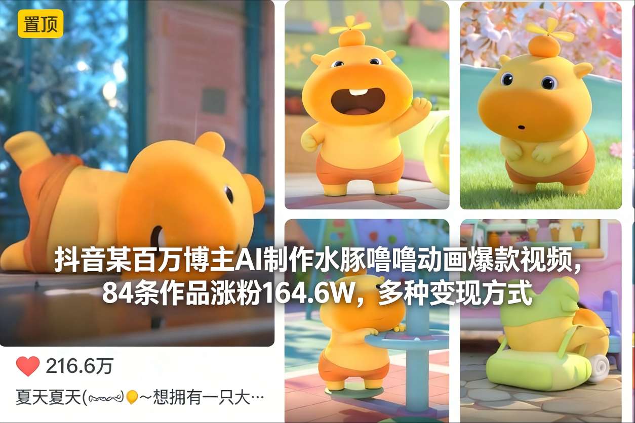 抖音某百万博主AI制作水豚噜噜动画爆款视频，84条作品涨粉164.6W，多种变现方式_天恒副业网