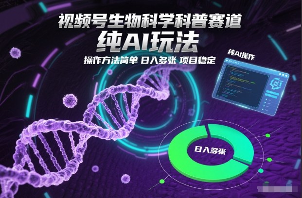 视频号生物科学科普赛道，纯AI玩法，操作方法简单，日入多张，项目稳定_天恒副业网