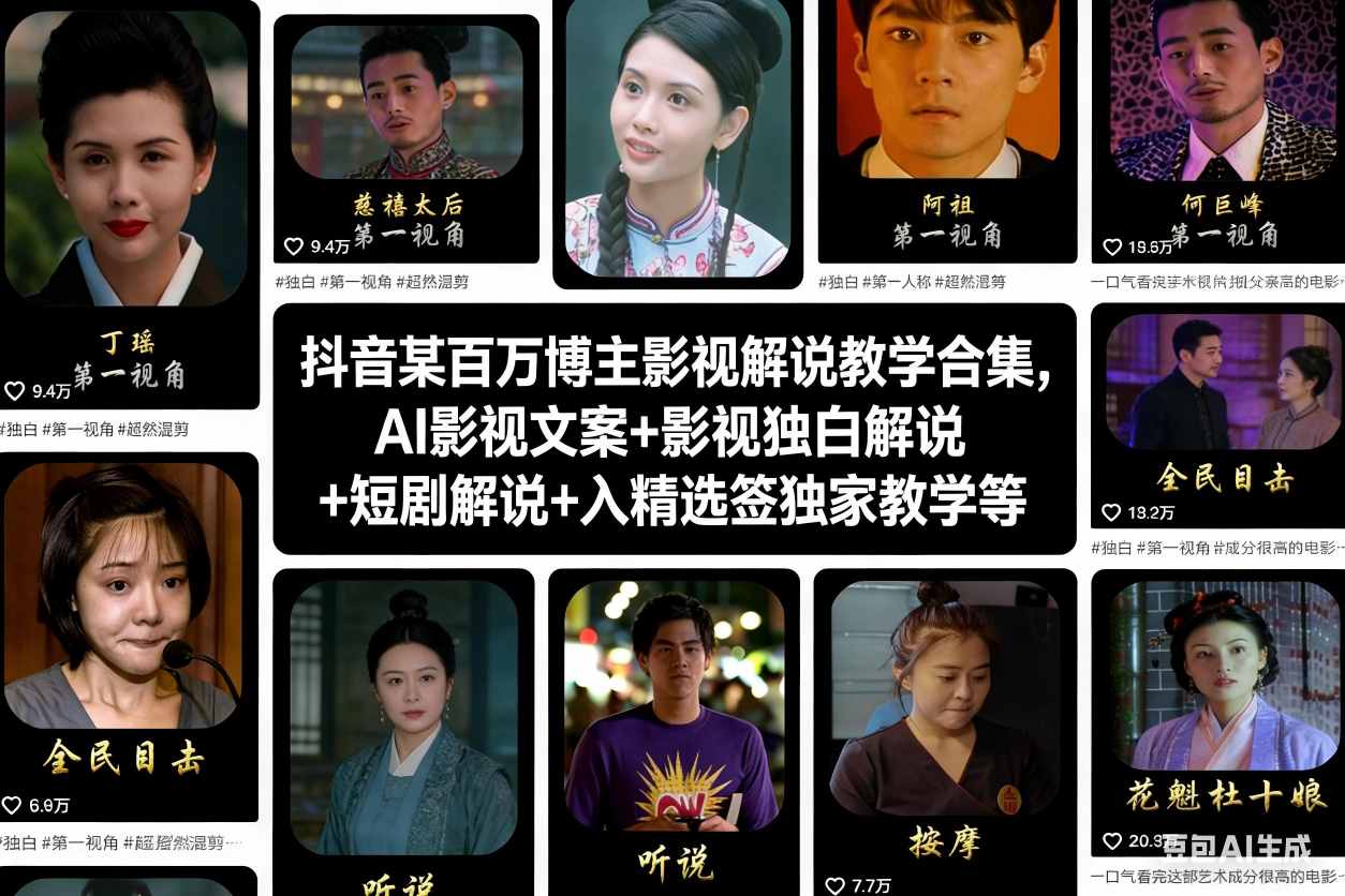 抖音某百万博主影视解说教学合集，AI影视文案+影视独白解说+短剧解说+入精选签独家教学等_天恒副业网
