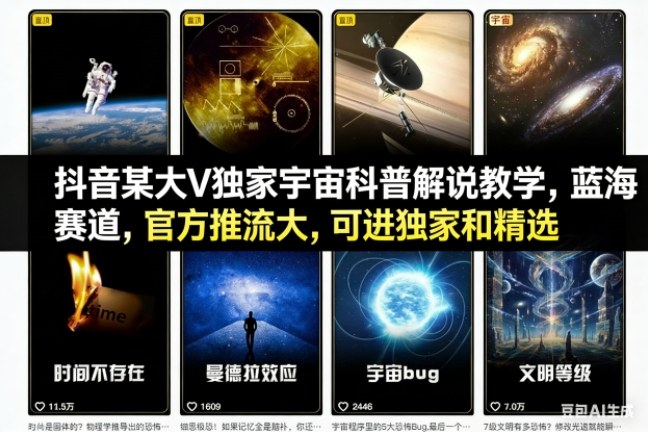 抖音某大V独家宇宙科普解说教学,蓝海赛道,官方推流大,可进独家和精选_天恒副业网