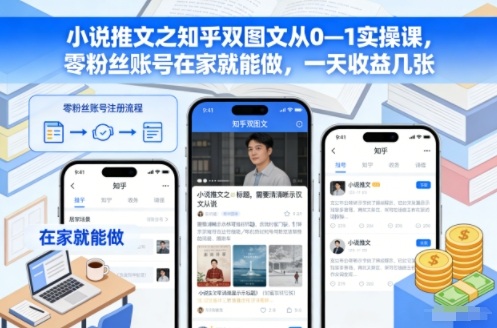 小说推文之知乎双图文从0—1实操课，零粉丝账号在家就能做，一天收益几张_天恒副业网