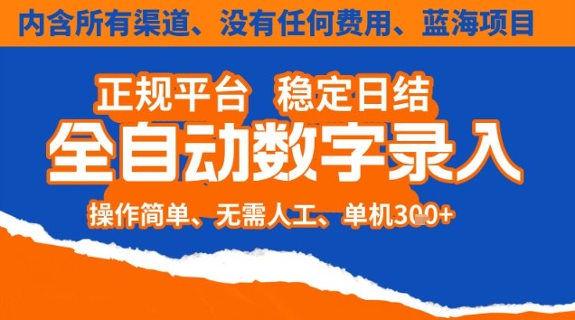 全自动数字录入,单机日入3张+,内含所有渠道全程免费零成本,操作简单可矩阵开干_天恒副业网