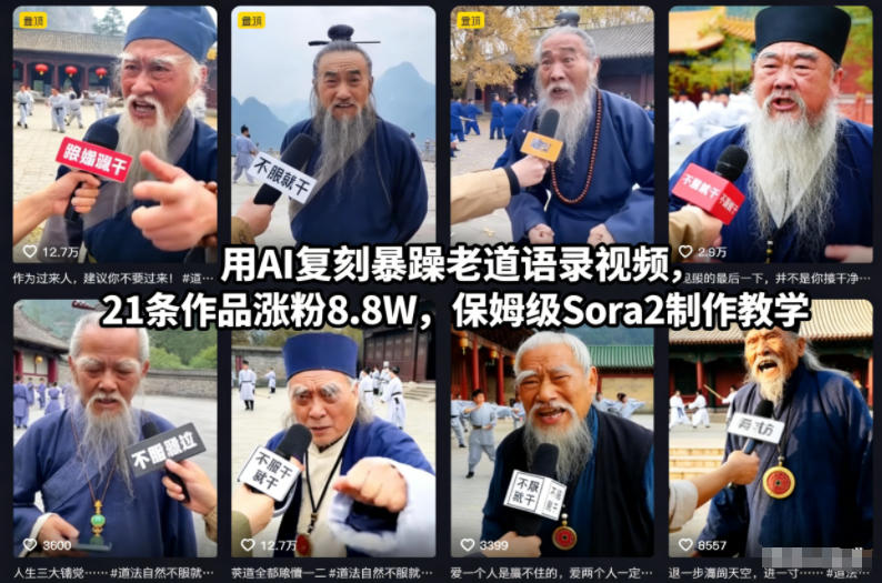 用AI复刻暴躁老道语录视频,21条作品涨粉8.8W,保姆级Sora2制作教学_天恒副业网