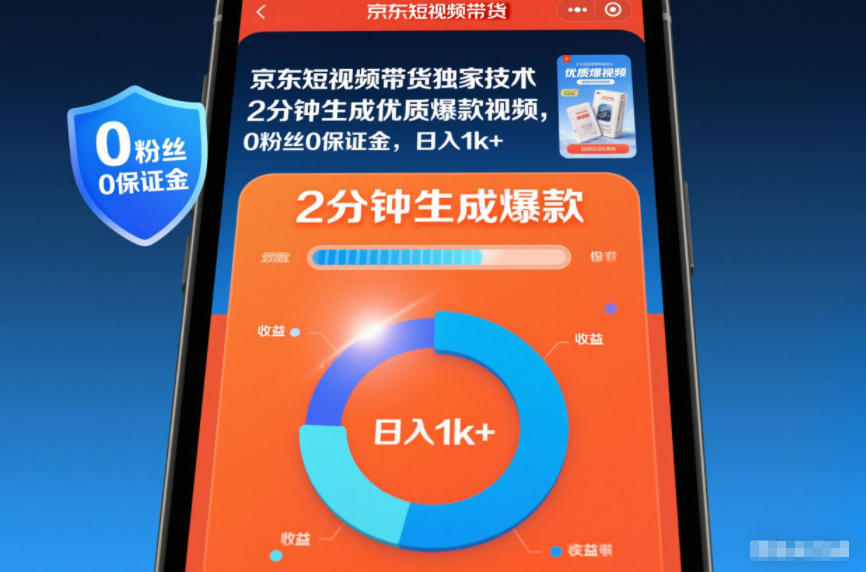京东短视频带货独家技术，2分钟生成一条优质爆款视频，0粉丝0保证金，日入1k+_天恒副业网