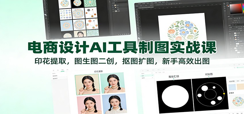电商设计AI工具制图实战课：印花提取，图生图二创，抠图扩图，新手高效出图_天恒副业网