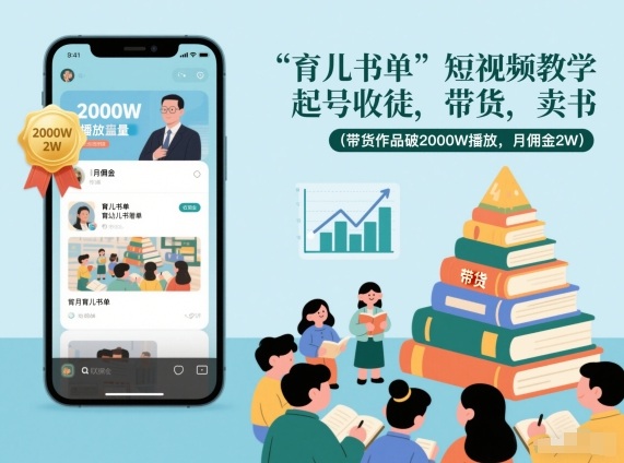 育儿书单短视频教学，起号收徒，带货，卖书（带货作品破2000W播放，月佣金2W）_天恒副业网