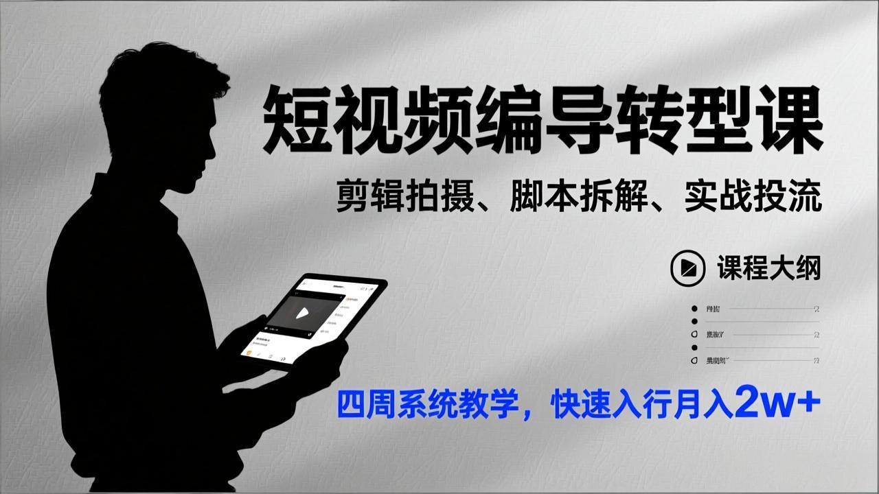 （17062期）短视频编导转型课，剪辑拍摄、脚本拆解、实战投流，四周系统教学，快速入行月入2w+_天恒副业网