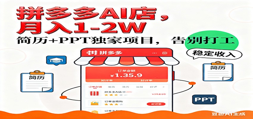 【独家】拼多多虚拟店，AI简历+PPT，单店月稳定1-2W，未来AI服务风口项目！_天恒副业网