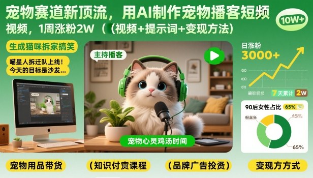 宠物赛道新顶流,用AI制作宠物播客短视频,1周涨粉2W(视频+提示词+变现方法)_天恒副业网