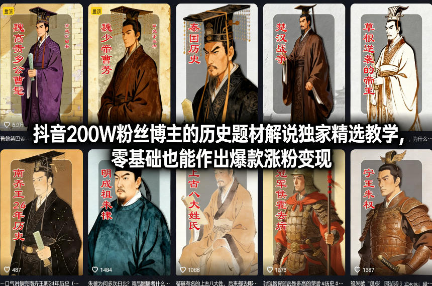 抖音200W粉丝博主的历史题材解说独家精选教学，零基础也能作出爆款涨粉变现_天恒副业网