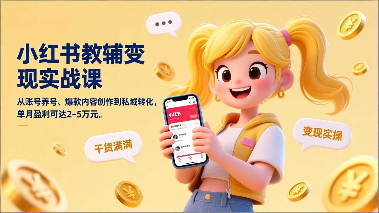小红书教辅变现实战课，从账号养号、爆款内容创作到私域转化，单月盈利可达2-5万元_天恒副业网
