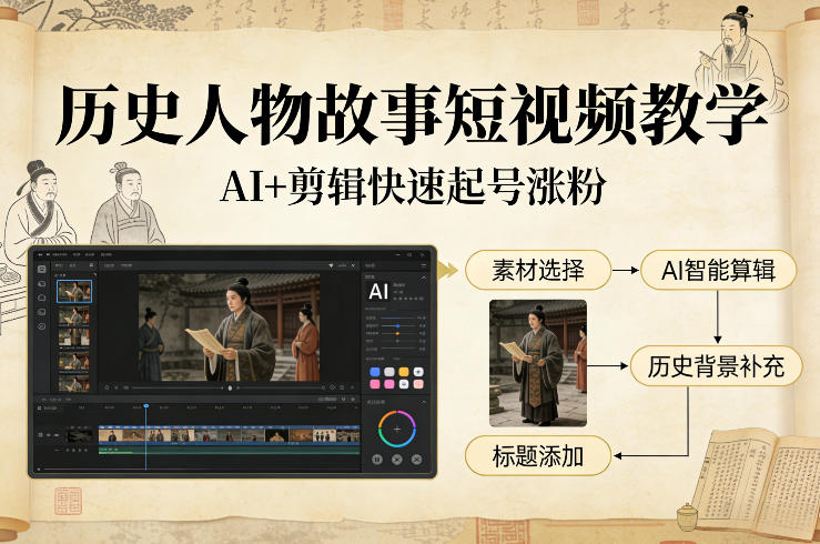 历史人物故事短视频教学，AI+剪辑制作历史人物题材短视频，快速起号涨粉_天恒副业网